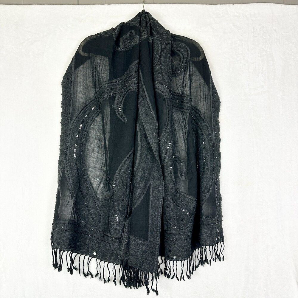 Lafayette 148 Wool Beaded Fringe Scarf Shawl Black Sequins